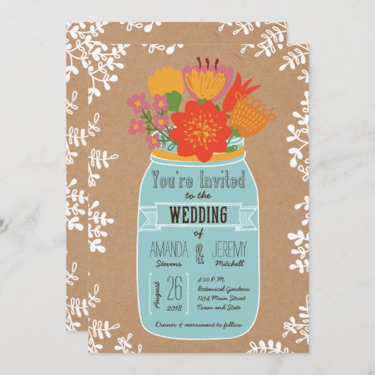 Invitation Jar de Mason rustique avec fleurs sur papier d'art (Devant / Derrière)