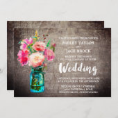 Invitation Jar de Mason rustique avec Mariage de bouquet de f (Devant / Derrière)
