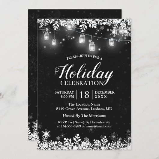 Invitation Jar Mason Blanc Lights Snowflakes Noël (Devant / Derrière)