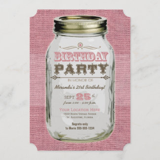 Invitation Jar Mason rose Vintage Look fête d'anniversaire