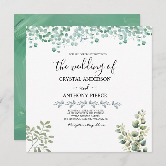 Invitation Jardin à thème romantique Eucalyptus (Devant / Derrière)