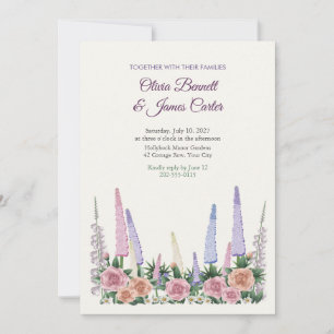 Invitation Jardin Anglais Bordure de Lupins et Roses Mariage