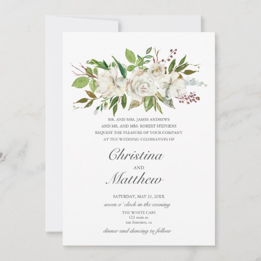 Invitation Jardin antique Fleurs blanches Mariage élégant (Devant)