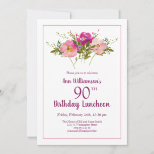 Invitation Jardin Aquarelle Fleurs Roses 90e Anniversaire