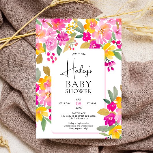 Invitation Jardin baby shower d'aquarelle fleurie vive