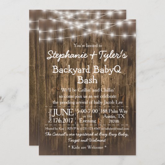 Invitation Jardin BBQ BBQ Bash Baby shower rustique bois (Devant / Derrière)