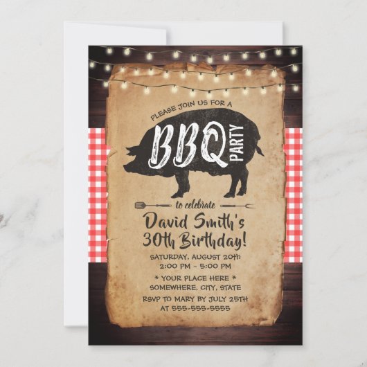 Invitation Jardin BBQ fête d'anniversaire Rustique String lum (Devant)