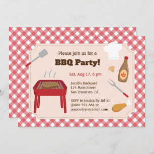 Invitation Jardin Bbq Party Red Plaid Motif