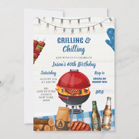 Invitation Jardin Bleu En vichy Barbecue Anniversaire (Devant)