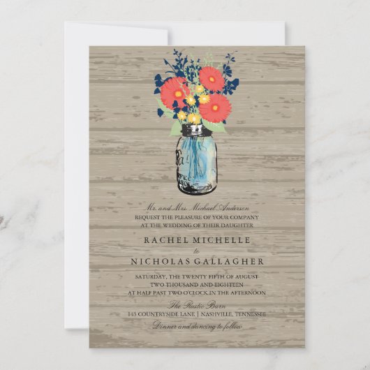 Invitation Jardin bleu et corail Mason Jar Wood | Mariage (Devant)