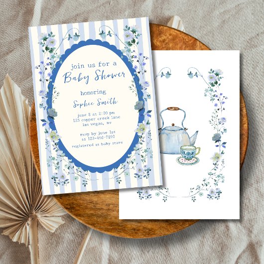Invitation Jardin Bleu rayé Baby shower de couronne Whimsical