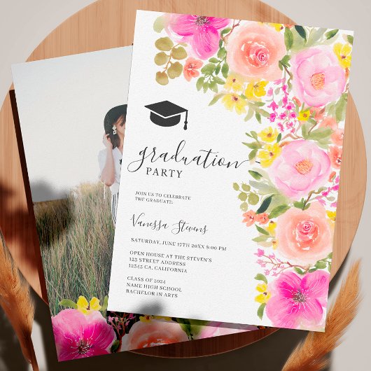 Invitation Jardin bohème aquarelle fleurs graduation