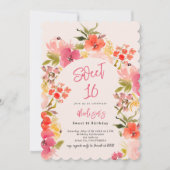 Invitation Jardin Boho aquarelle fleurie arc rose Sweet 16 (Devant)