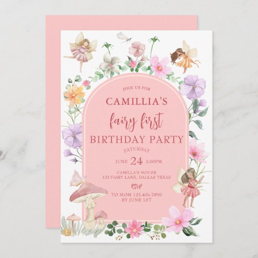 Invitation Jardin Boho Arch Fée enchantée Premier anniversair (Devant / Derrière)