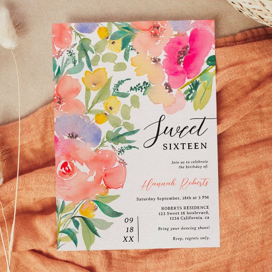 Invitation Jardin boho brillant fleuri Sweet 16