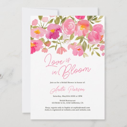 Invitation Jardin boho rose floral script chic douche nuptial (Devant)