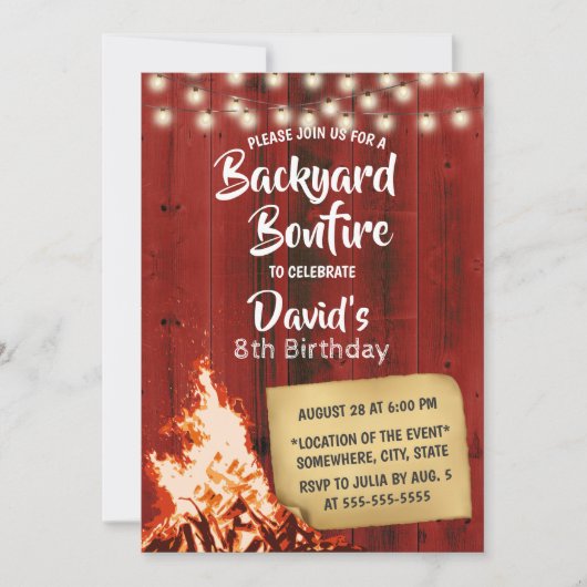 Invitation Jardin Bonfire Red Barn Wood Camping Anniversaire (Devant)