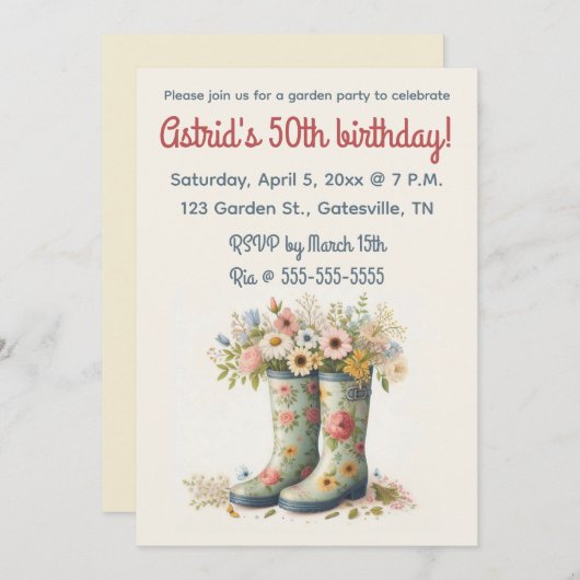 Invitation Jardin Boots et fleurs modifiables Fête d'annivers (Devant / Derrière)