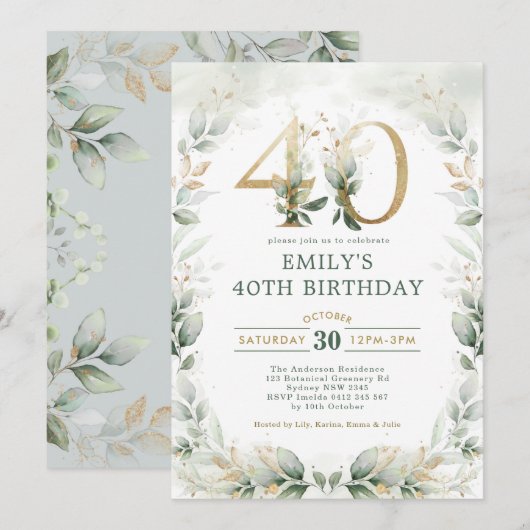 Invitation Jardin botanique chic Gold Jardin 40e anniversaire (Devant / Derrière)