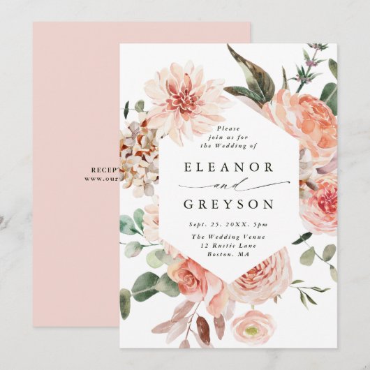 Invitation Jardin botanique floral Blush Hexagon Mariage (Devant / Derrière)