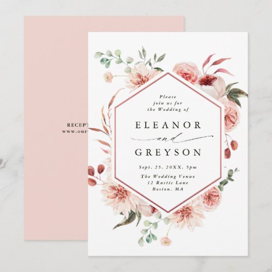 Invitation Jardin botanique Floral Hexagon Mariage Blush (Devant / Derrière)