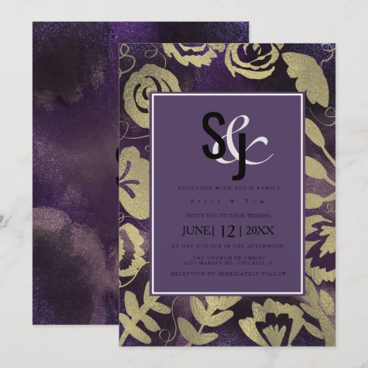 Invitation Jardin botanique Floral Rose or violet Mariage (Devant / Derrière)