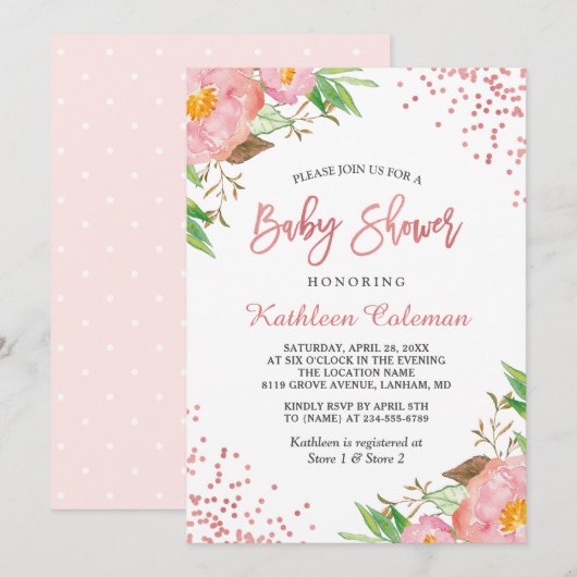 Invitation Jardin Botanique rose Baby shower à points floraux (Devant / Derrière)