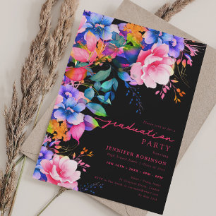 Invitation Jardin coloré chic Floral Graduation Noir