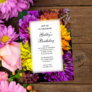 Invitation Jardin coloré Zinnia Fleurs Anniversaire Fête