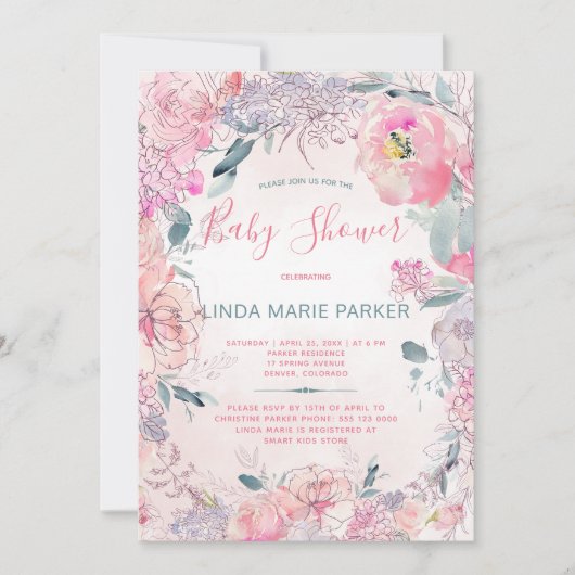 Invitation Jardin d'aquarelle rose vif baby shower rose (Devant)