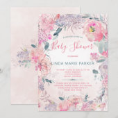 Invitation Jardin d'aquarelle rose vif baby shower rose (Devant / Derrière)