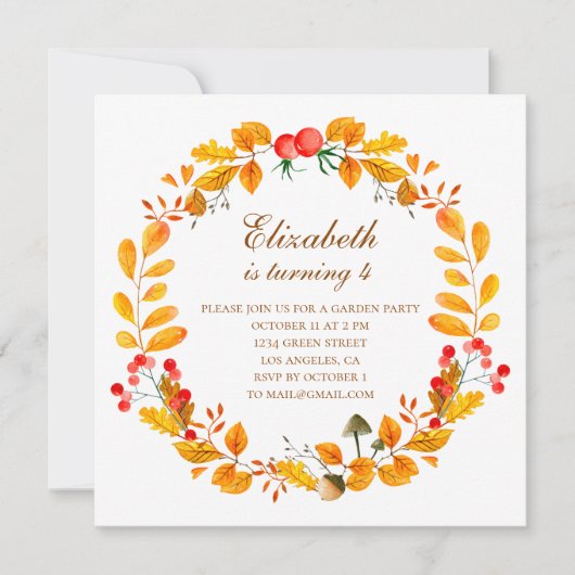 Invitation Jardin d'automne jaune. Fête d'anniversaire d'auto (Devant)