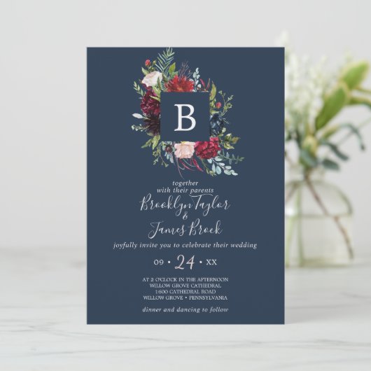 Invitation Jardin d'automne | Mariage de monogramme bleu mari (Debout devant)