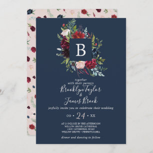 Invitation Jardin d'automne Mariage de monogramme bleu mari