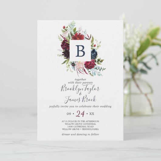 Invitation Jardin d'automne | Mariage Monogram Bourgogne (Debout devant)