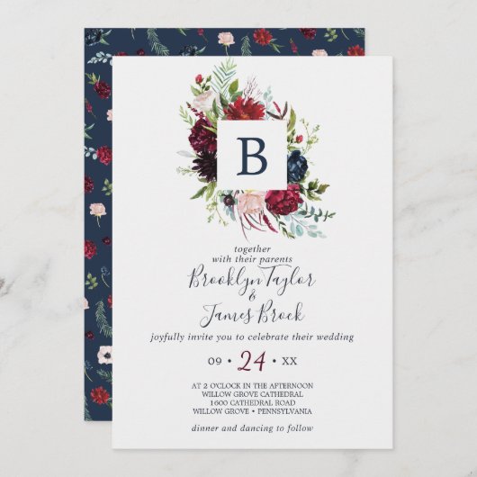 Invitation Jardin d'automne | Mariage Monogram Bourgogne (Devant / Derrière)