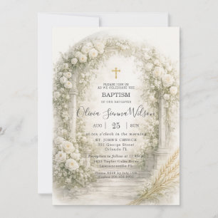 Invitation Jardin de blé floral blanc baptême christmême
