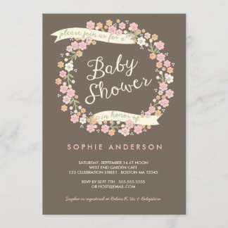 Invitation Jardin de charme Floral Wreath Girl Baby shower