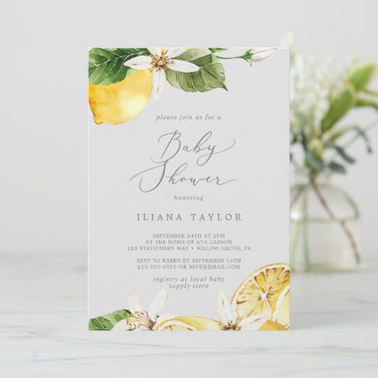 Invitation Jardin de citron moderne | Baby shower gris (Debout devant)