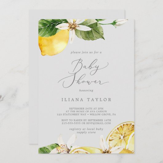 Invitation Jardin de citron moderne | Baby shower gris (Devant / Derrière)