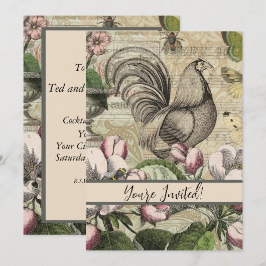 Invitation Jardin de Coq Vintage Art Collage : Campagne Franç (Devant / Derrière)