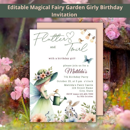 Invitation Jardin de fée magique Aquarelle fille Anniversaire