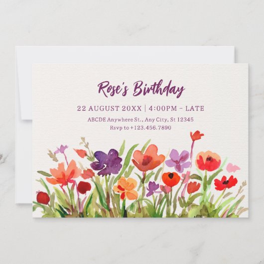 Invitation Jardin de fleurs colorées aquarelle Anniversaire (Devant)