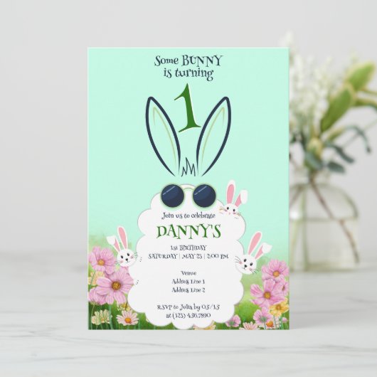 Invitation Jardin de fleurs de lapin vert Printemps été Anniv (Debout devant)