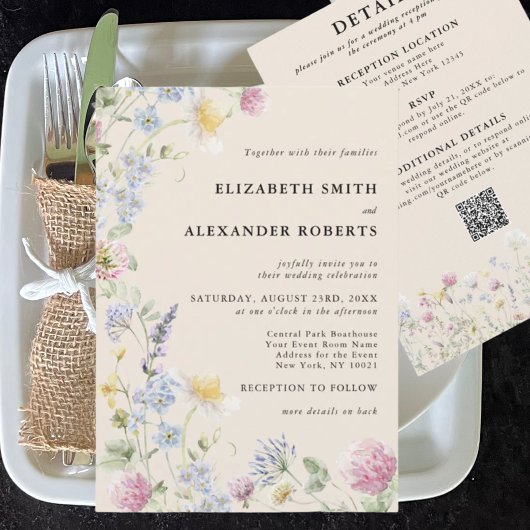 Invitation Jardin de Fleurs Sauvages Code QR 2 Faces Mariage