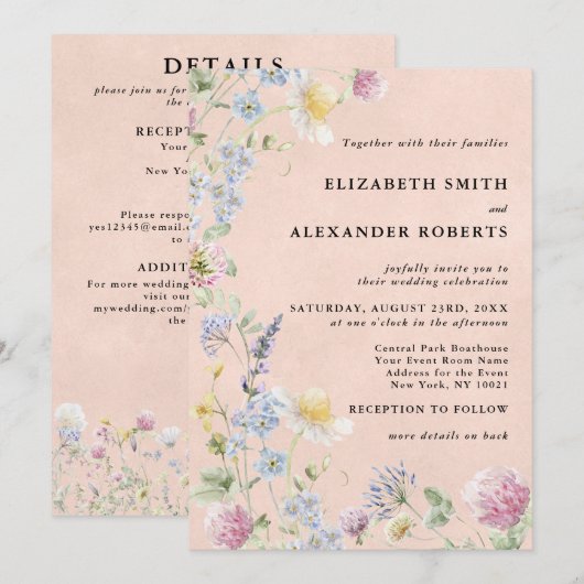 Invitation Jardin de Fleurs Sauvages Stonewash Blush Code QR (Devant / Derrière)