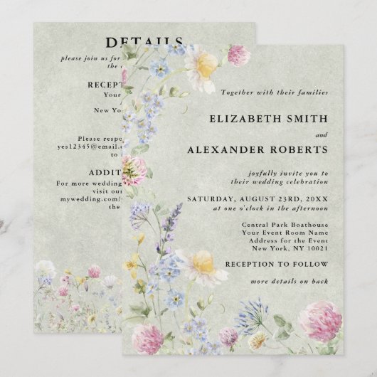 Invitation Jardin de Fleurs Sauvages Stonewash Vert Code QR M (Devant / Derrière)