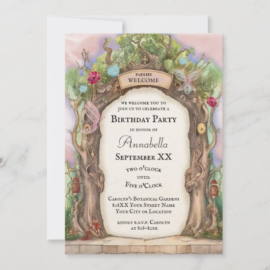Invitation Jardin de la Fée de la Forêt Enchantée en rose (Devant)