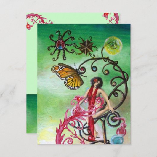 Invitation JARDIN DE LA MELISSA rouge rose vert bleu vif (Devant / Derrière)