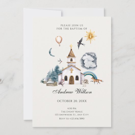 Invitation Jardin de l'église de village baptême (Devant)